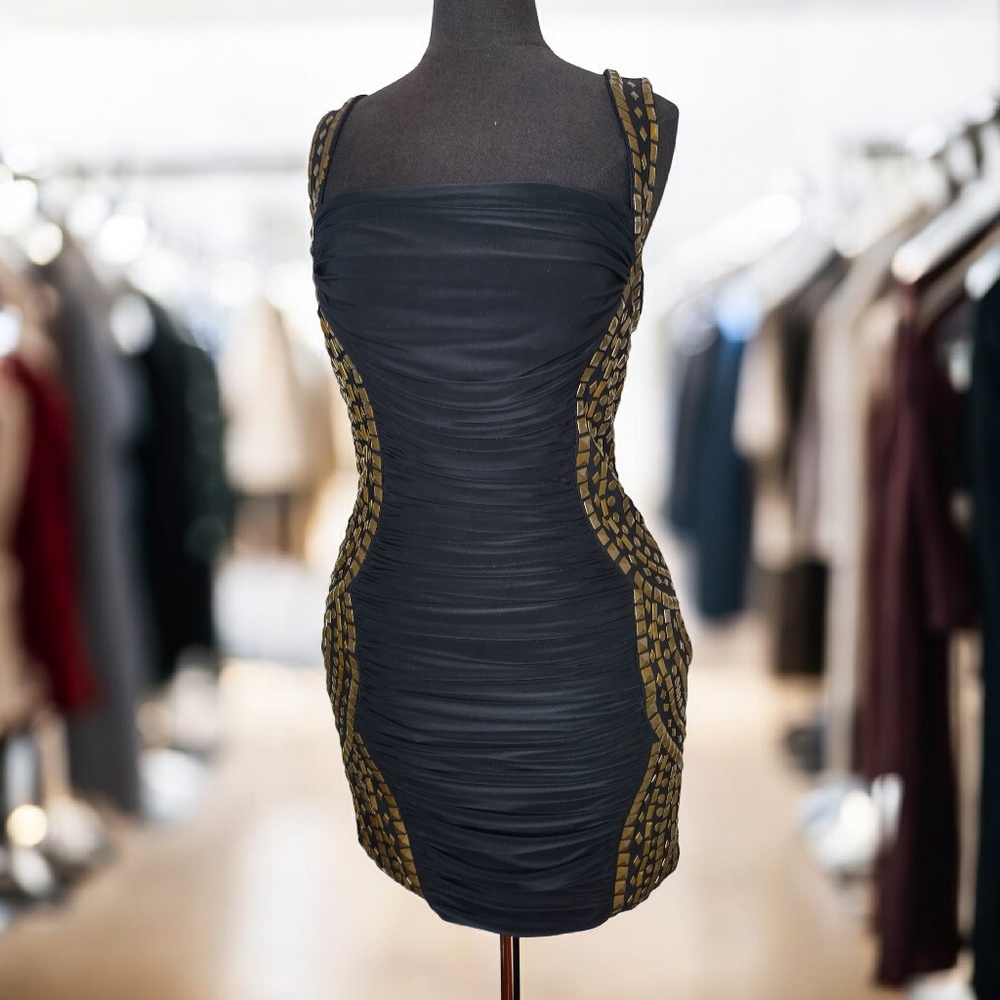 Jovani Black and Gold Studded Ruched Mini Dress 10